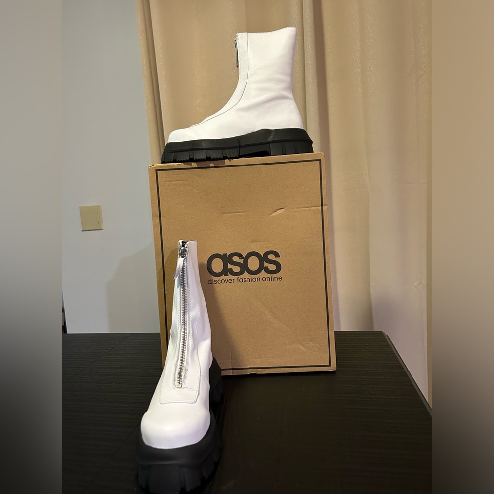 ASOS white leather chunky black bottom zip front boots